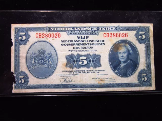 NETHERLANDS EAST INDIES 5 Gulden 1943 P113 Dutch Indonesia Roepiah Money h6026