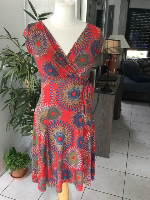 Robe Renatto Bene Marron Beige - Taille 44, Style évasé, Manches Courtes, Très Bon état, Made In France