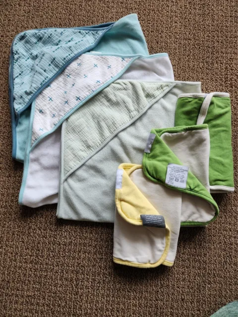 Lot Of 3 Infant Towels & 3 Burp Cloths GREENS, TEAL, WHITE, YELLOW  Gently Used