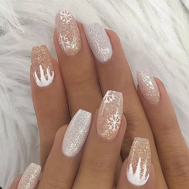 White Snowflake Glitter False Nail French Mid-Length Ballet Fake Nail Art Decor