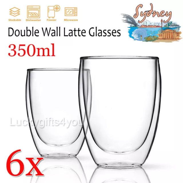 6x 350ML Double Wall Insulate Glass Coffee Wine Beer Cups Mugs Heat Resistant