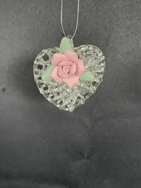 Hand Blown Spun Glass Heart with Flower Christmas Ornament