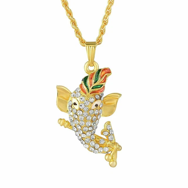 Indian Traditional Gold Plated White CZ Studded Ganesha Playing Bansuri Pendant