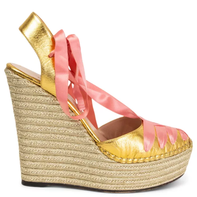 63771 auth GUCCI gold leather pink ALEXIS Platform Wedge Sandals Shoes 41.5