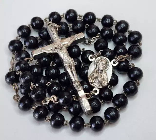 Vintage Catholic Rosary Black Wood Beads Crucifix Sacred Heart of Jesus Italy