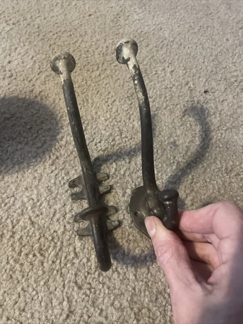 Vintage Set Of 2 Rare  Heavy Duty Cast Iron Wall Hook Antique Collectible