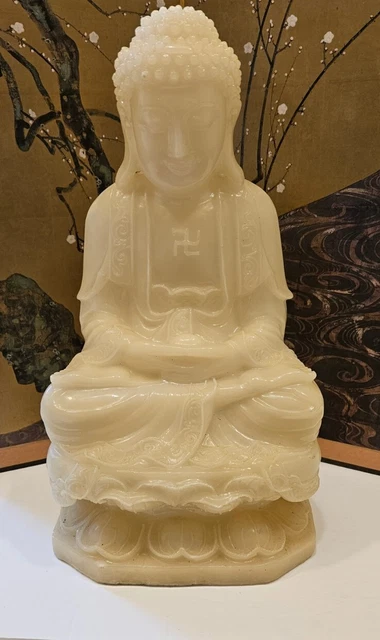 Thai Zen Chinese Jade Green Resin Carved  Lotus Buddah Sitting Flower Figure 11"