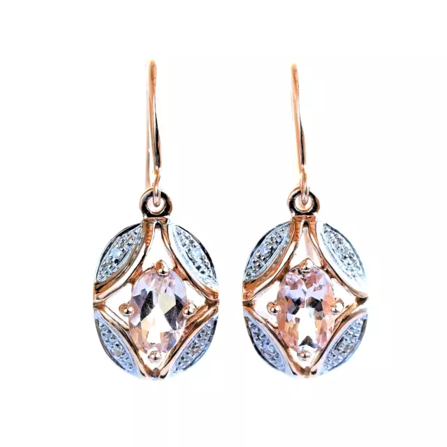 Natural Morganite and Genuine Diamond Hook Earrings 9K Rose Gold Gift Boxed NEW