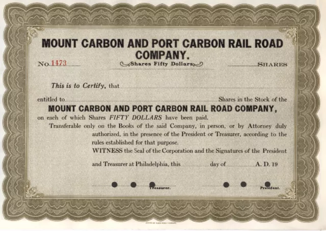 Mt. Carbon & Port Carbon Railroad C - Original Stock Certificate -Unused - #1473