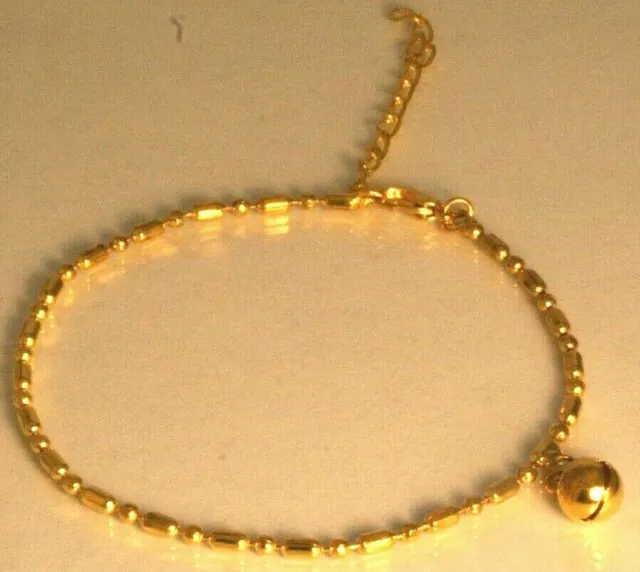 22K 23K 24K Thai Baht Dp Gold ~Bell Charm Ankle Bracelet Long 8.5" + 2" Extender