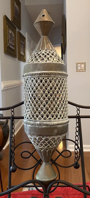 Antique MOROCCAN PIERCED BRASS HANGING PENDANT LANTERN, Hand Crafted 18”t 5”dia