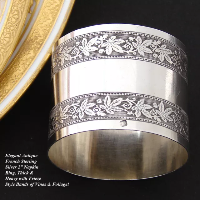 Antique French Sterling Silver Napkin Ring, Frieze Style Foliate Garland Bands 2