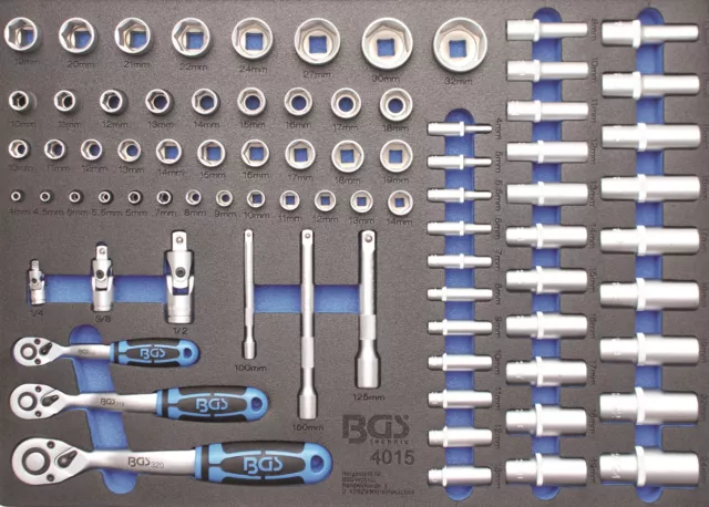 BGS Werkstattwageneinlage Steckschlüsselsatz 80 tlg Knarren 1/4" 3/8" 1/2" Nüsse