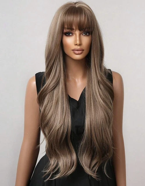 Perruque Longue Lisse Synthétique Femme - Cheveux Brun Marron Avec Frange Et Bonnet Intégré +4 (Neuve Sans étiquettes)