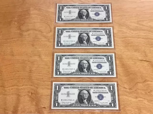 Lot Of 4 Dated 1957-B $1 Blue Seal Silver Certificates C.u. Consecutive Numbered