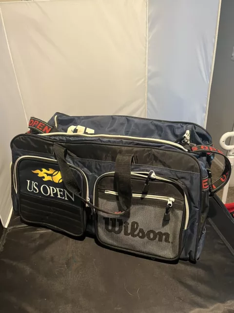 WILSON US OPEN Vintage Duffle Bag Shoulder Strap Gym Black Navy Blue Colors