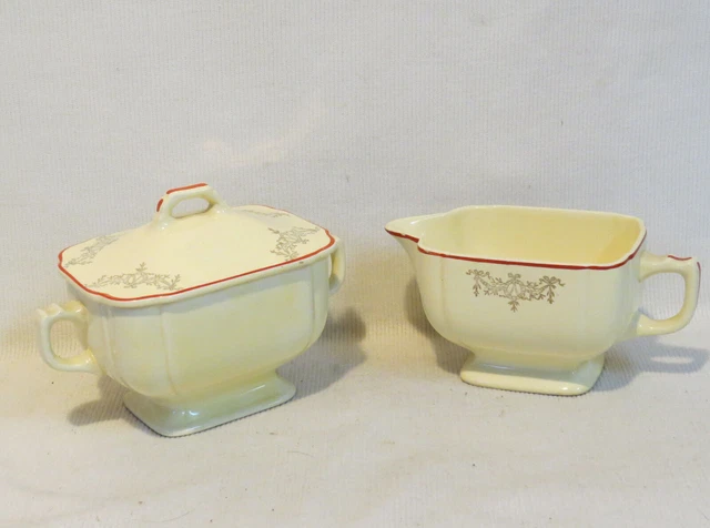 VTG Laughlin Century Creamer & Sugar Bowl Ivory Vellum w/ Red Line Gold Wreath