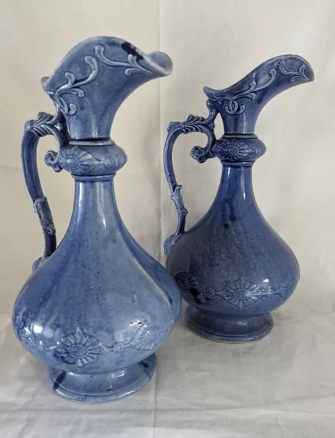 Pair of Large Antique Blue Pottery Jugs