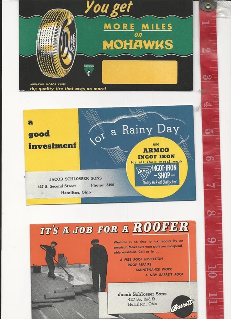 3 vintage blotters Mohawk tires  , roofer, armco ingot iron, OLD
