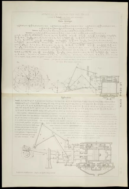 1885 - Plano Antiguo De Tiempo Para Tiroirs. Genio Civil. Mecánico
