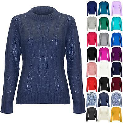 Womens Ladies Long Sleeve Chunky Cable knitted Ribbed Round Neck Pullover Jumper