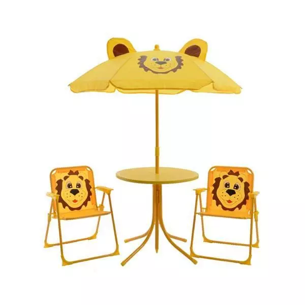 Round Kids Lion Patio Set with 2 Chairs Table Parasol Childrens Umbrella Bistro