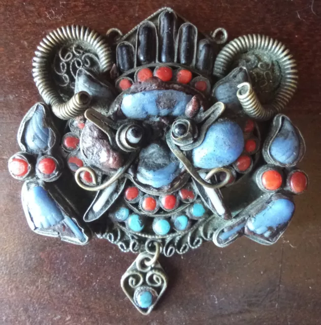 Rare: Ancien pendentif amulette Kirtimukha Tibet Népal Bijou vintage ethnique