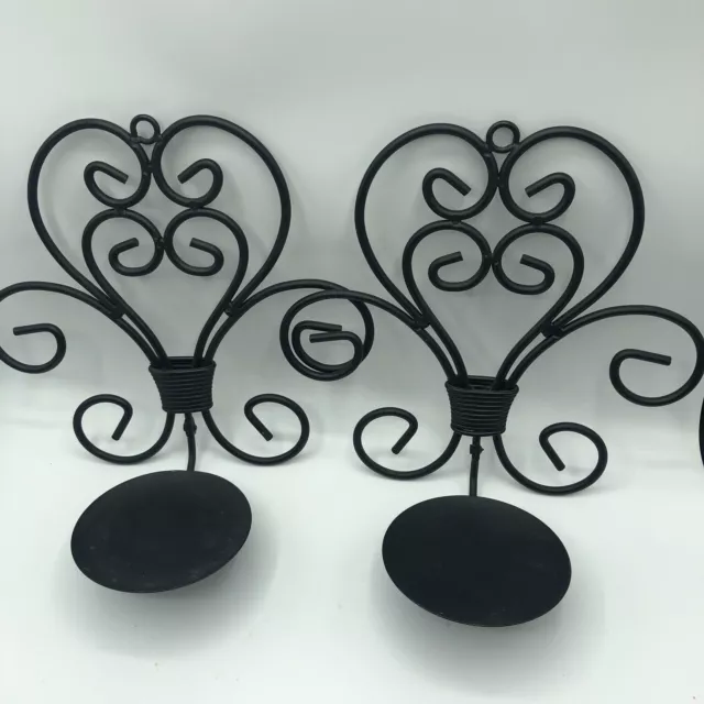 Wall Accent Sconce Pillar Candle Holders Black Wrought Iron Scroll MCM Nice