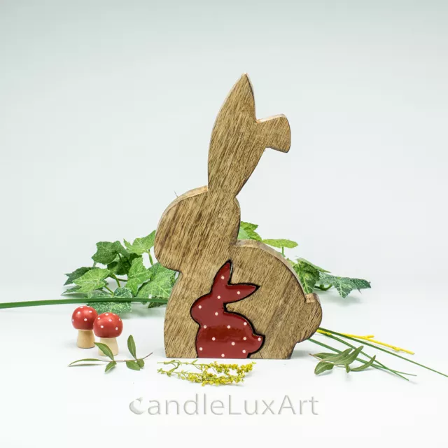 Mangoholz Hase mit kl. Hasen 20cm Ostern Natur Osterhase Tischdeko Figuren