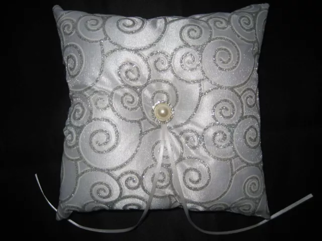 Silver Satin Wedding Ring Cushion/Pillow Bearer With Bow Pearl Boxed