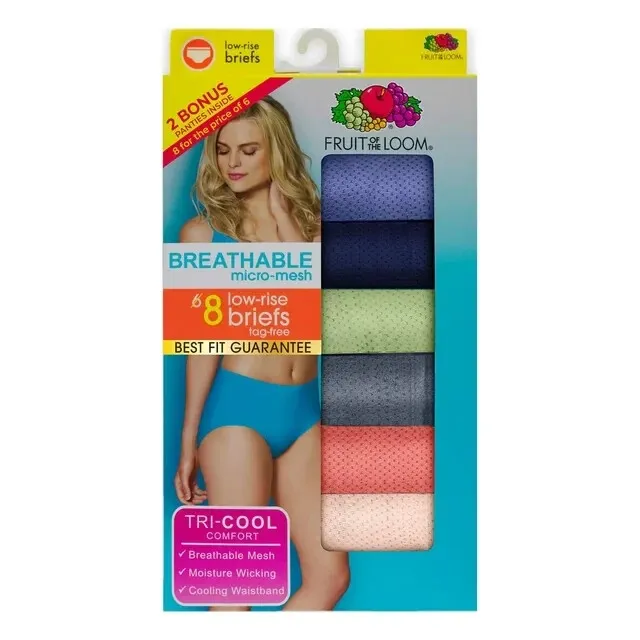 8Pack Fruit of the Loom Women 6 M Panties Breathable Micro-Mesh Low Rise Solid