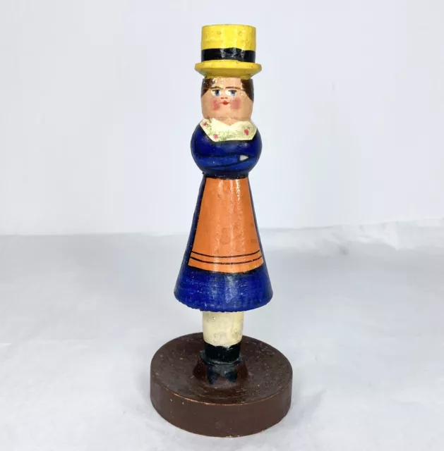German Folk Art Turned Wooden Wood Spool Peg Doll Candle Holder Grodnertal Era