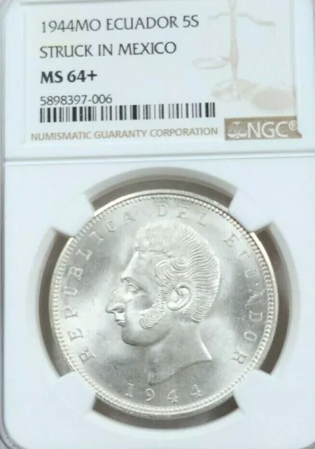 1944 Mo ECUADOR SILVER 5 SUCRES STRUCK IN MEXICO NGC MS 64+ BRIGHT SMOOTH LUSTER