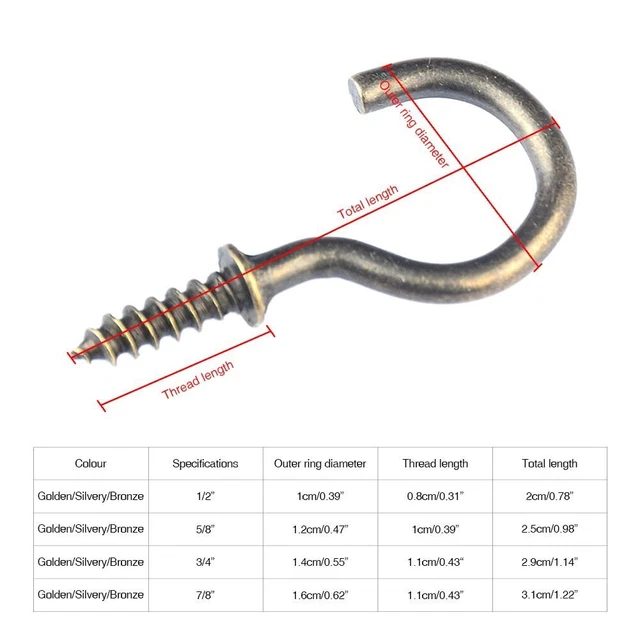 Heavy Duty Cup Screw Hooks-Brass Plated Wall Hanging Hanger Shouldered Hook 20pc 2