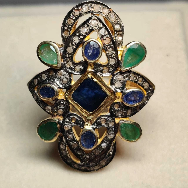 Pave Diamond&Emerald&Sapphire Stone Handmade Sterling Silver Gold Plated Ring