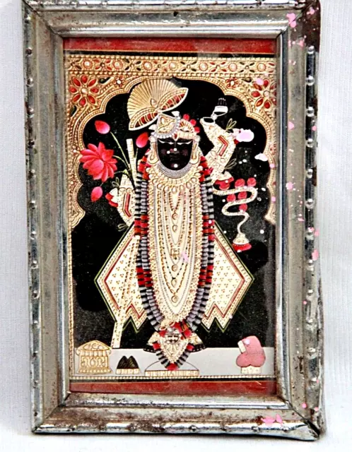 Old Vintage Litho Print Hindu God Krishna Shrinath ji Picture Metal Framed 3