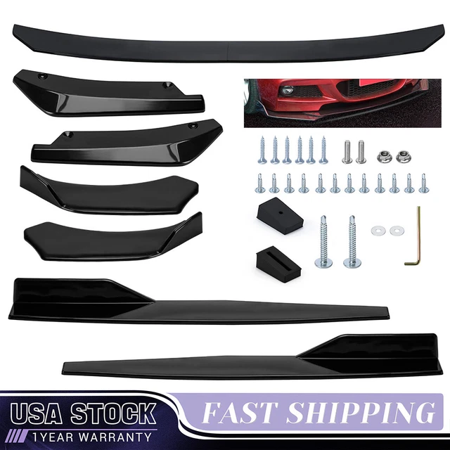 Glossy Car Front Bumper Spoiler Body Kit + Side Skirt Rear Lip Extension Black