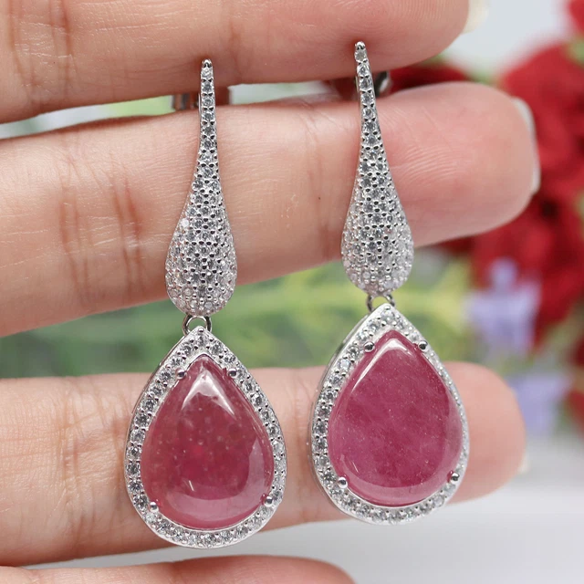 13 X 17 Mm. Birne Cabochon Rot Rubin & Weiß Cubic Zirkonia Ohrringe 925 Silber