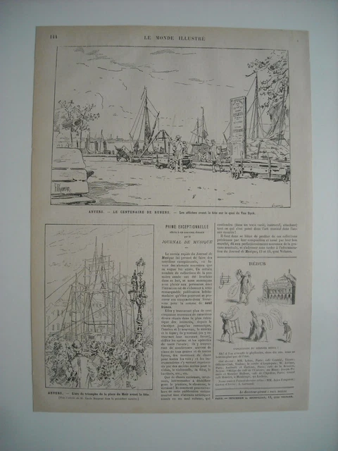 Gravure 1877. Anvers. Centenaire De Rubens. Sur Quai De Van Dyck. Place Du Meir.