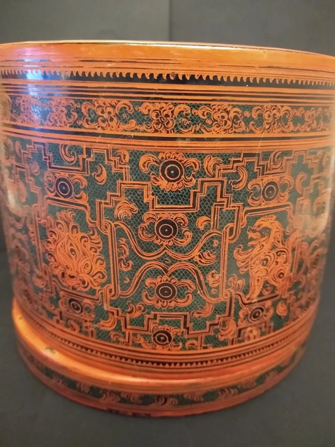 Burmese Asian Orange Lacquer Betel Nut Box RARE Zodiac and Maker Inscription 20