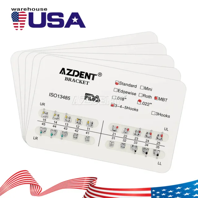 20 X AZDENT Dental Orthodontic Brackets Standard MBT Slot.022 Hooks 345 Metal