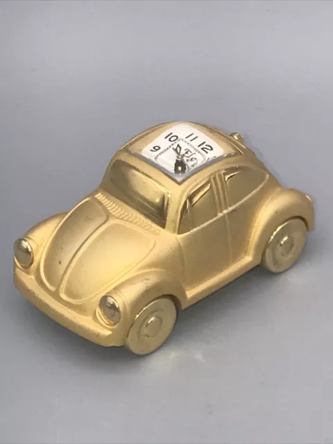 Elgin Volkswagen VW Beetle Mini Clock Bright Gold Car 1980s Metal NEW BATT