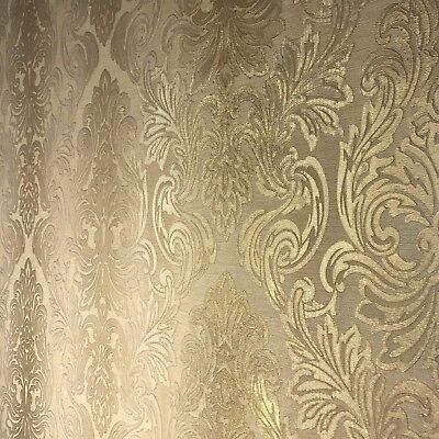 Wallpaper beige tan gold metallic rolls textured Victorian old Vintage damask 3D