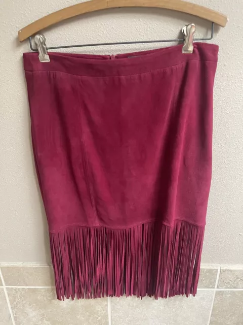 NEIMAN MARCUS CUSP Magenta Suede Pencil Skirt with Long Fringe SZ M 8-10