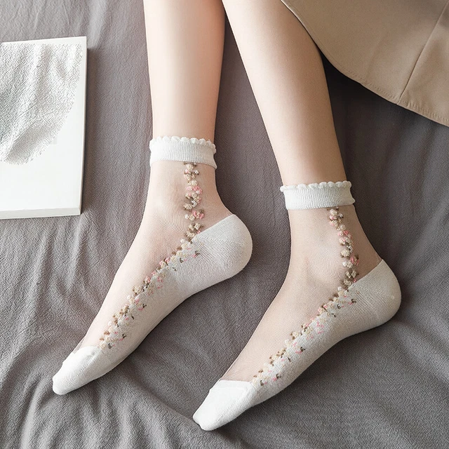 4 Paia Donna Trasparente Pizzo Floreale Caviglia Calzini Estate Calze Moda Dolce
