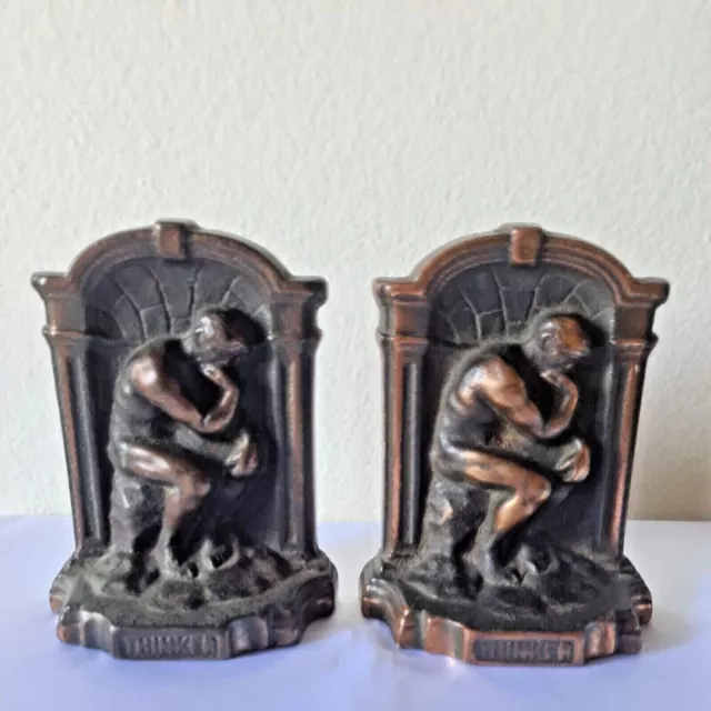 Set of 2 Antique Brass THINKER Bookends Thinking Man Statue Novelty Mfg Co