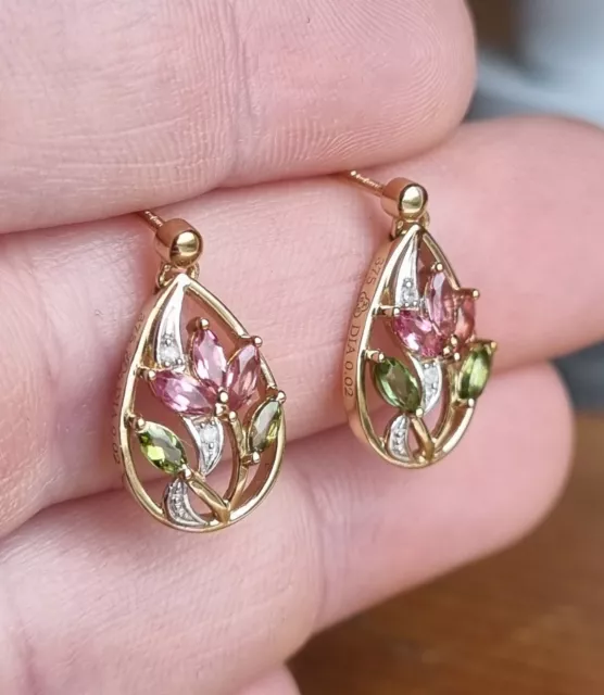 Hallmarked 9ct Gold Pink Green Tourmaline & Diamond Lotus Flower Drop Earrings