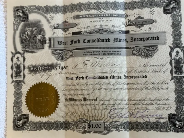 Weat Fork Consolidated Mines 1928 stock certificate