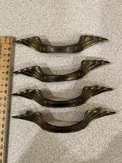 LOT of 4 Vintage Brass drawer pulls handle Modern Mid Century MCM Style patina 2