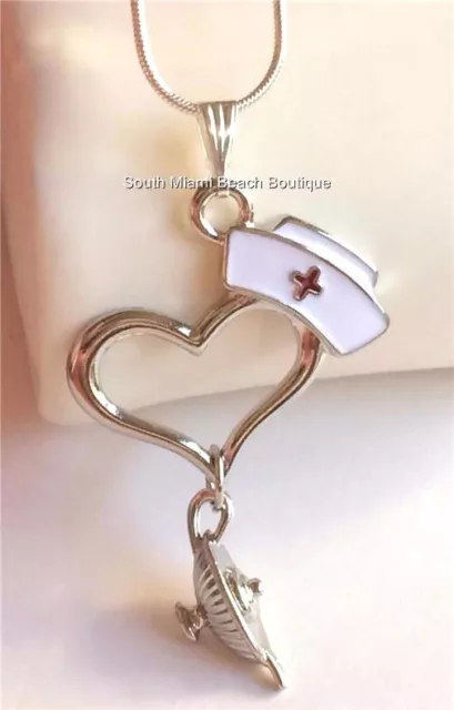 Silver Nightingale Lamp Necklace Nursing Graduation Gift Nurse Cap Heart Plated